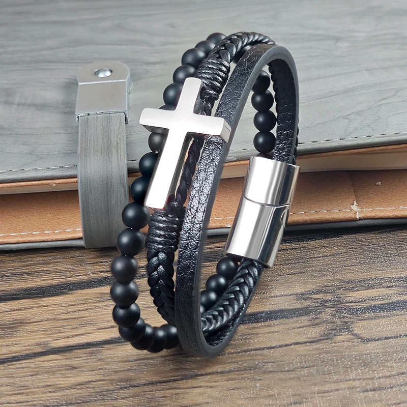 Men Multi Layer Braided Leather Cross Bracelet Matte Black Beads Magnetic Clasp Christian Religious Wristband Jewelry Gift