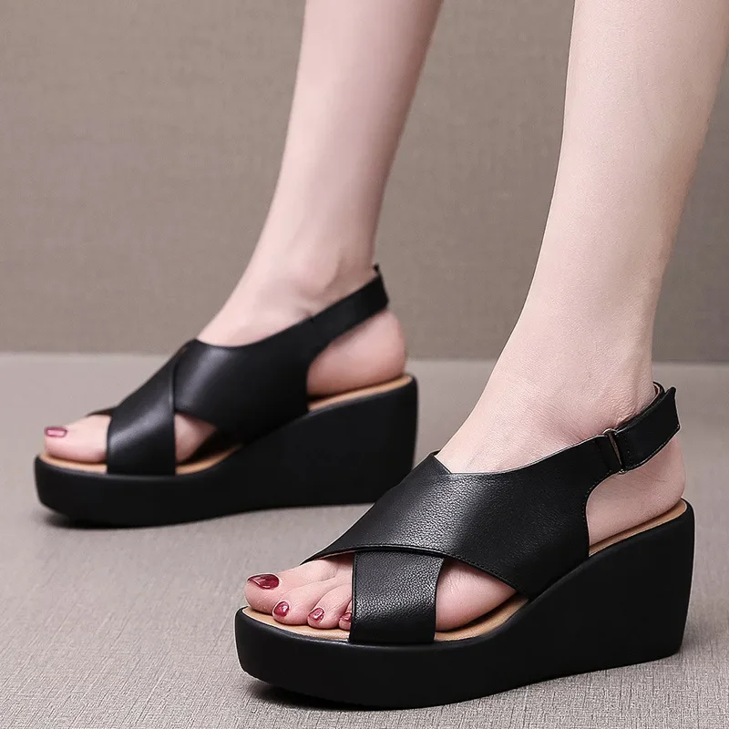 6cm Comfortable Breathable Genuine Leather Sandals Women Shoes 2024 Summer Med Heels Platform Wedges Sandals for Office Mom