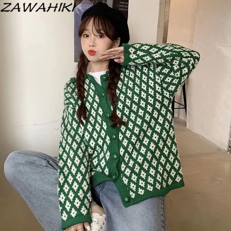 

ZAWAHIKI Knitted Cardigan Plaid Contrast Color Button-up Spring Fall Japanese Sweet Chic Designed Korean Fashion Sweater Women