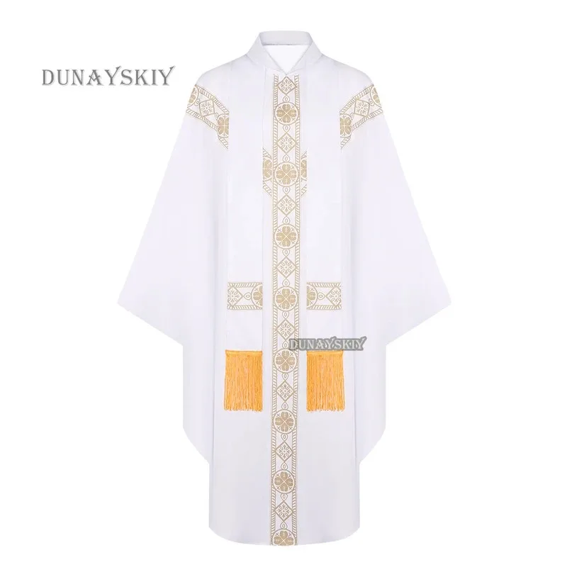 2024 جديد الكاهن الاحتفال Chasuble الكنيسة الكاثوليكية الأب الشامل سترة رداء مع شرابة رجال الدين فستان الحفلات رداء