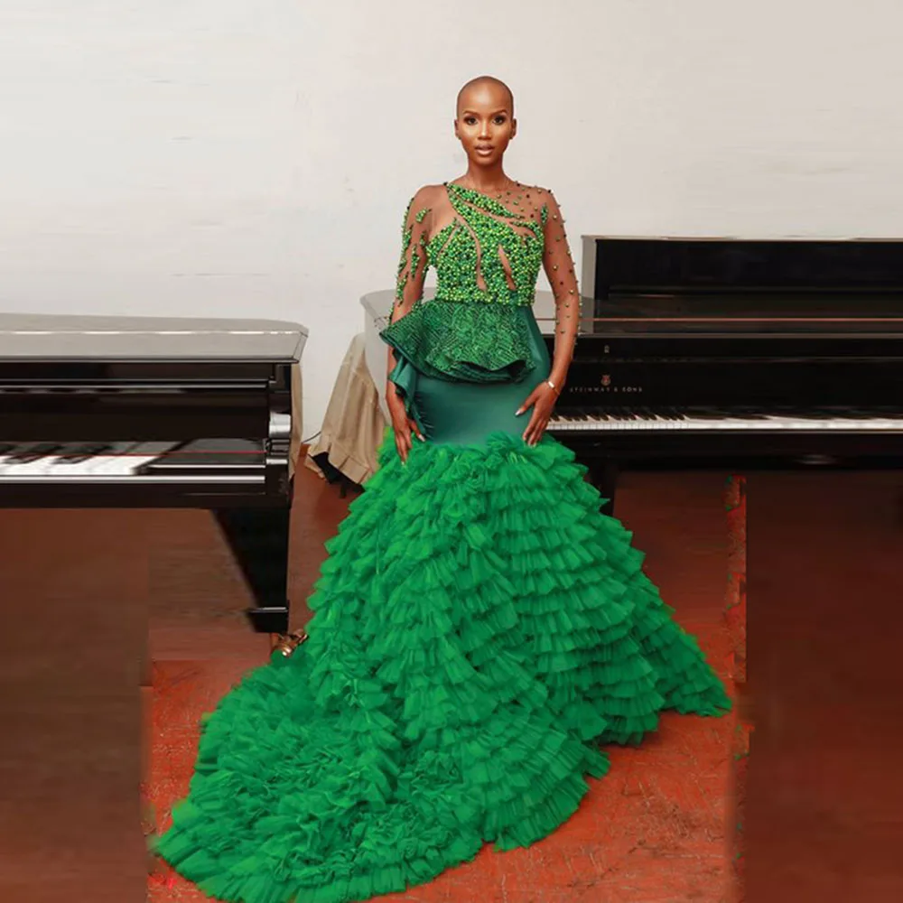 Amazing Green Mermaid Prom Dresses Beaded Sheer Long Sleeves Tiered Tulle Sweep Train Evening Gowns African Women Party Dress