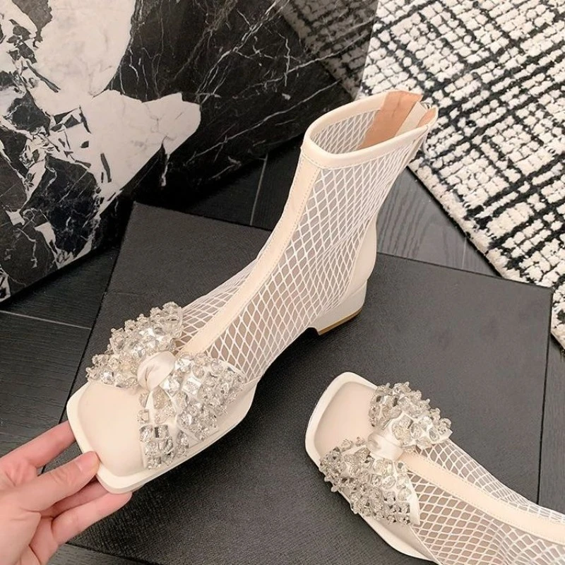 Footwear Rhinestone Women\'s Ankle Boots Mesh Booties Elegant with Low Heels Short Shoes for Woman Sandals Comfortable Boot Sale