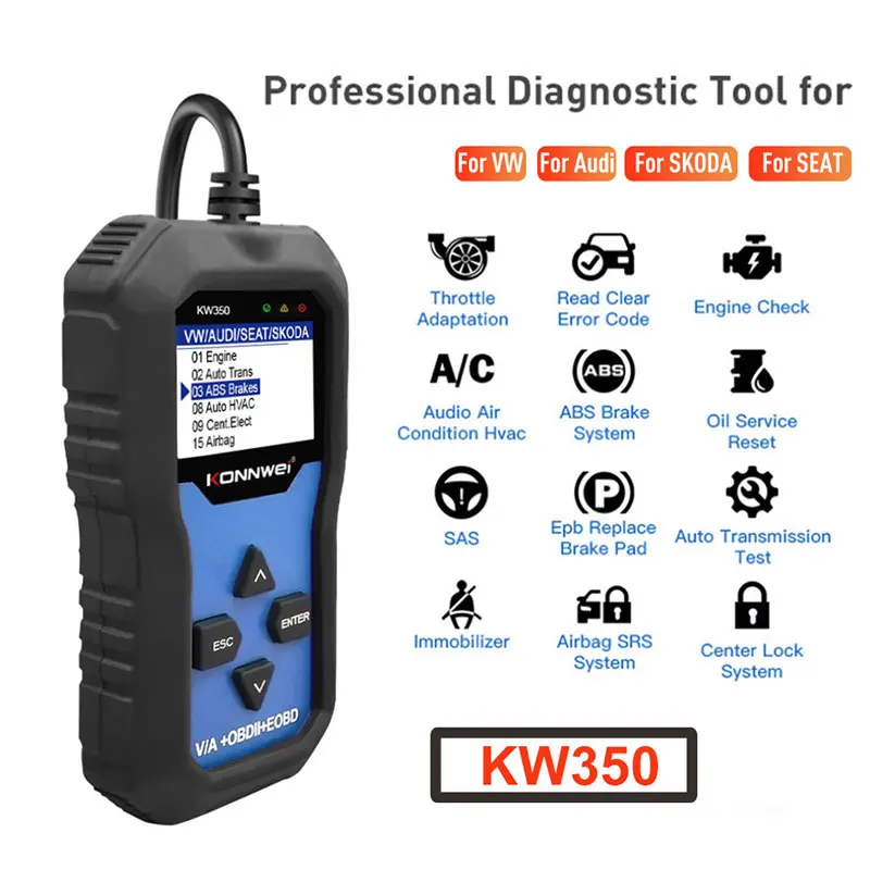 KONNWEI KW350 For V AG OBD2 Code Readers Cars Diagnostic For V W/AUDI Automotive ABS Airbag Reset Adapter Scanner Auto Tools