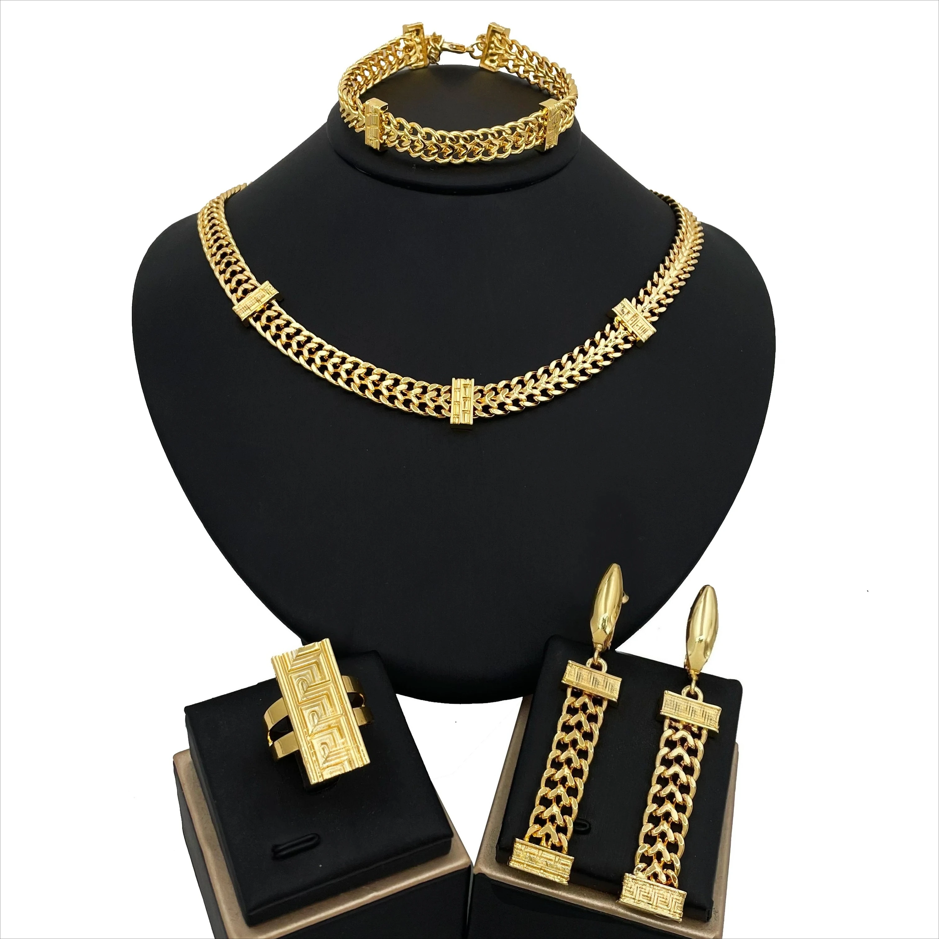 

African 18K Gold Plated Jewelry Set Design Miami Chain Necklace Bracelet Set Long Earring Square Ring Punk Hip Hop Jewellery