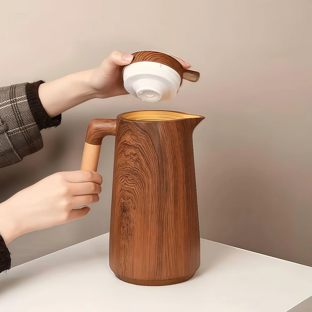 1L Imitation Wood Grain Water Bottle Thermal Insulation Kettle Coffee Thermal Bottle with Wooden Handle Home Kitchen Travel Gift