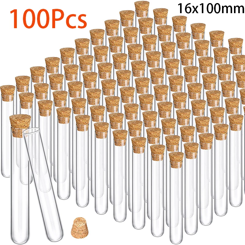 100 Pieces Plastic Test Tubes with Cork Clear Stoppers Round Bottom Container for Plants Scientific Experiments Candy Storage