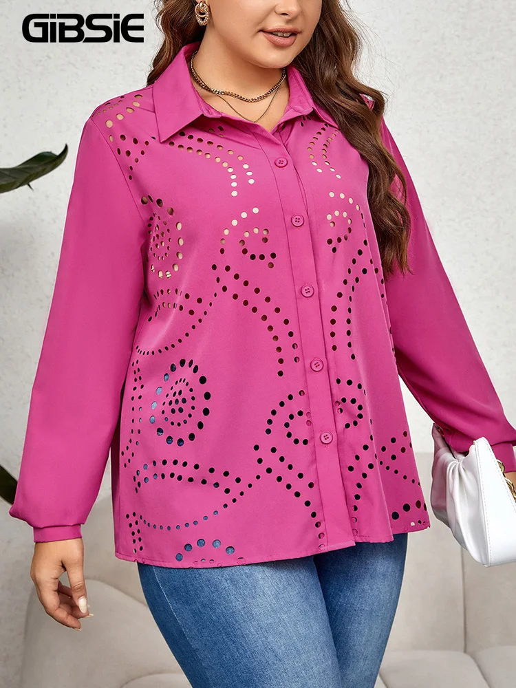 GIBSIE Plus Size donna elegante scava fuori camicia abbottonata 2023 primavera autunno manica lunga lavoro sciolto ufficio tunica camicette top