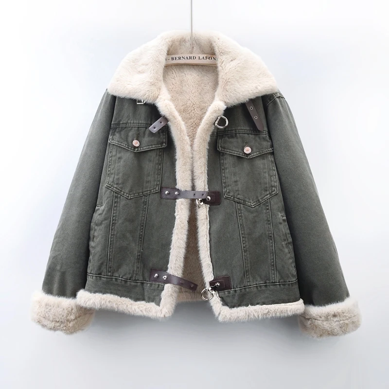 

Армейский зеленый кофейный цвет, женская джинсовая куртка, осень-зима, свободная толстая теплая меховая подкладка из овечьей шерсти, ковбойская верхняя одежда Chaqueta Mujer