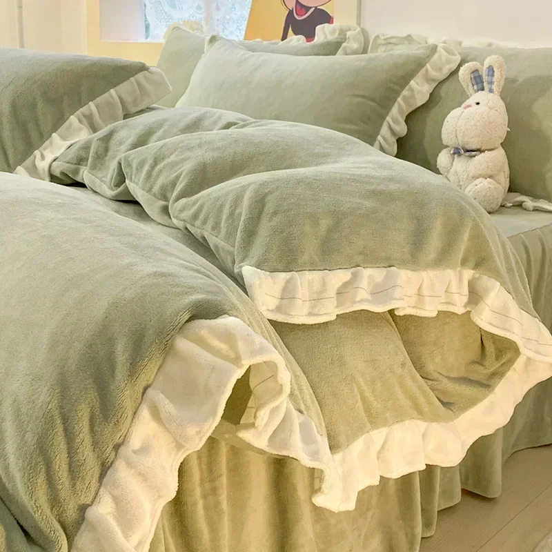 Thickened Warm Rabbit Plush Four-piece Set Bed Sheets, Duvet Covers, Pillowcases, Double-sided Suede Cover Set,Duvet Cover Set