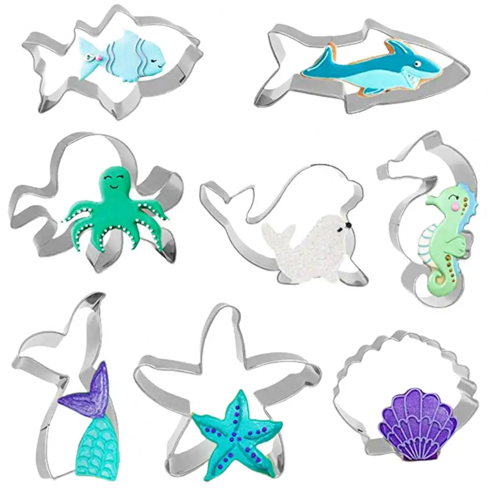 Cute Sea Shaped Cookie Cutters 8pcs Ocean Cookie Cutters Set Stainless Steel Mermaid Tail Starfish Seashell Shark for Birthday