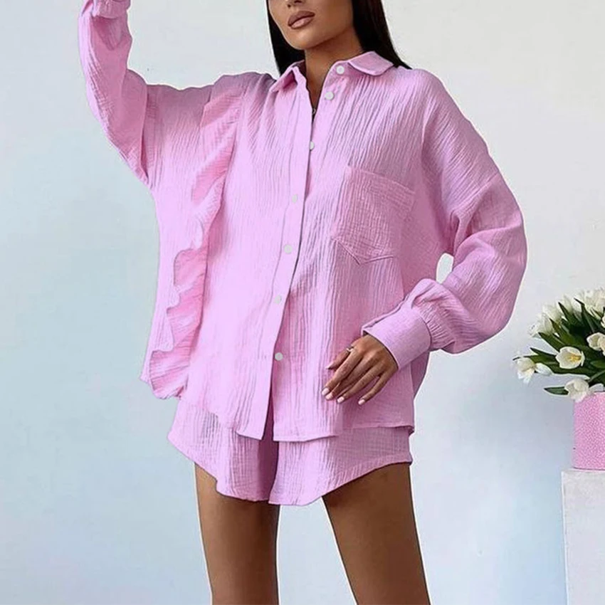 Autumn Sleepwear Ruffled Solid Color Long-sleeved Shorts Women\'s Cotton Pyjama 100% Cotton Pajamas Home Wears  2Pcs Nightwear