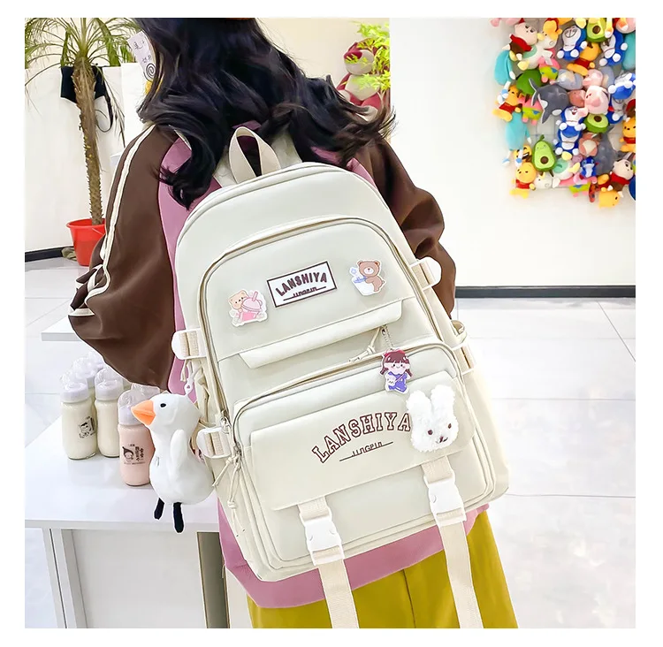 5-teiliges Set mit kostenlosen Anhängern im Waldstil, koreanische Version, lässiger Harajuku-Studentenrucksack für Mädchen mit großer Kapazität – Detail 7