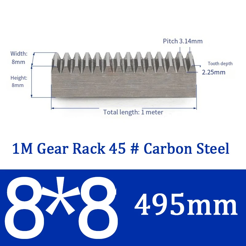 1M Module Gear Rack 45# Carbon Steel 8x8 495mm, Quenched for CNC/3D Printer/Automation, High Precision & Durability