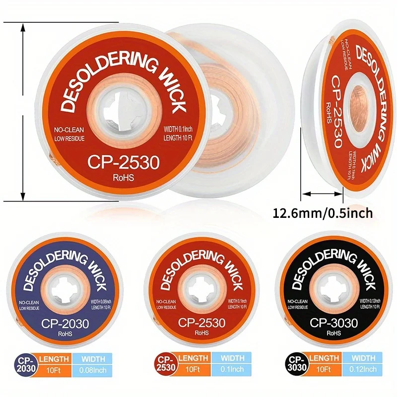 3Pcs Copper Desoldering Wick Set, No-Clean Solder Removal Braid, Low Residue Solder Wick for DIY Electronics Repair