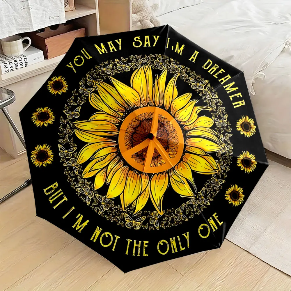 1PC Sunflower Pattern Umbrella with Peace Symbol Design Print 8 Iron Ribs Folding Umbrella Auto-Open Fashion Sunshade