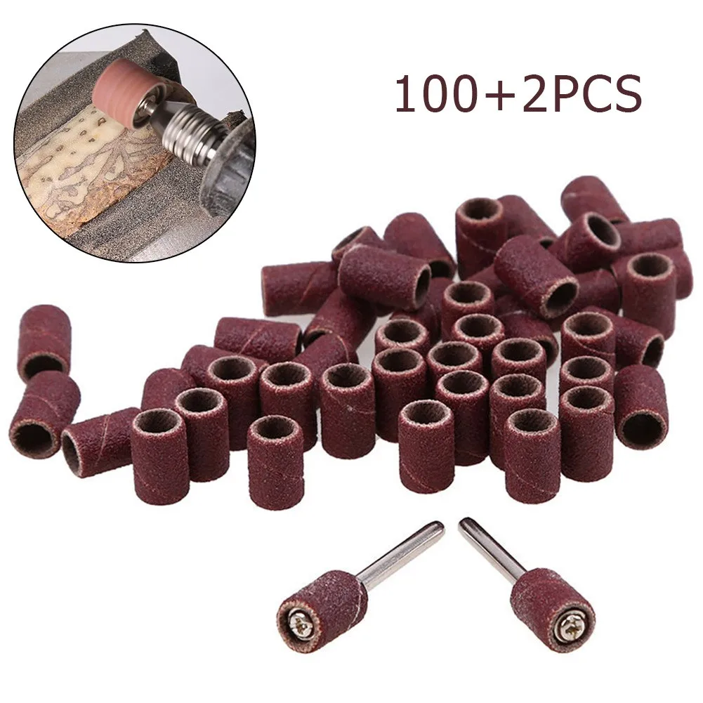 100pcs Sanding Drum Set 320 Grit Drum Sanding Bands Sleeves + 2pcs Mandrels Sandpaper Rotary Tool For Wood Polishing