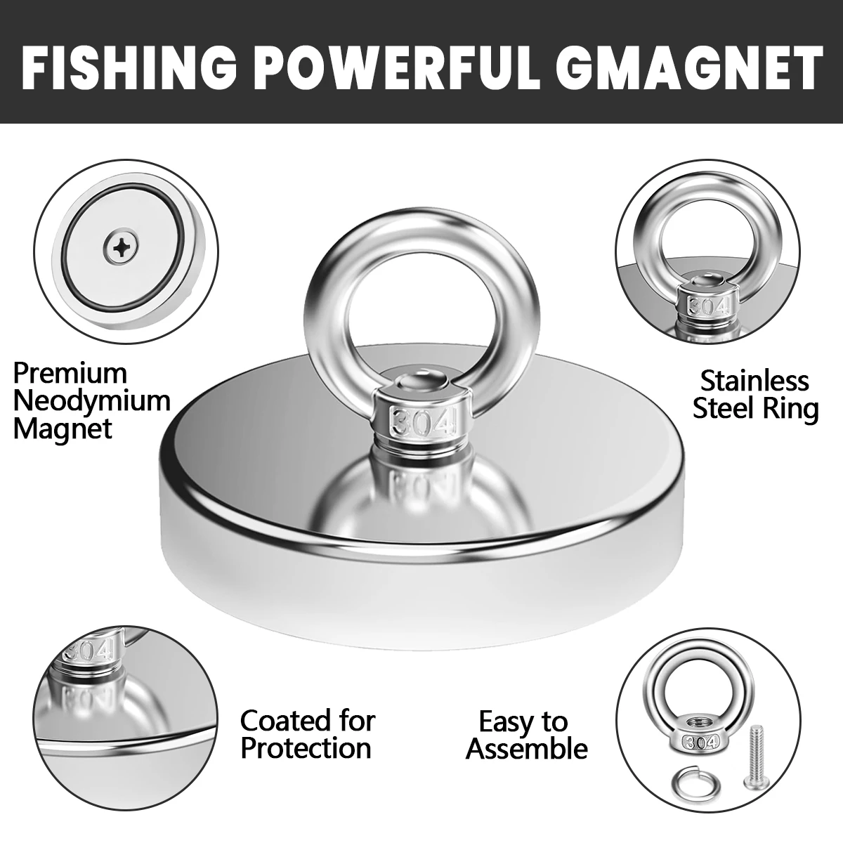 アップグレードされた超強力磁石 60mm 高耐久ネオジム磁石、サルベージ、磁気釣り、金属サーチャーツール用アイボルト付き