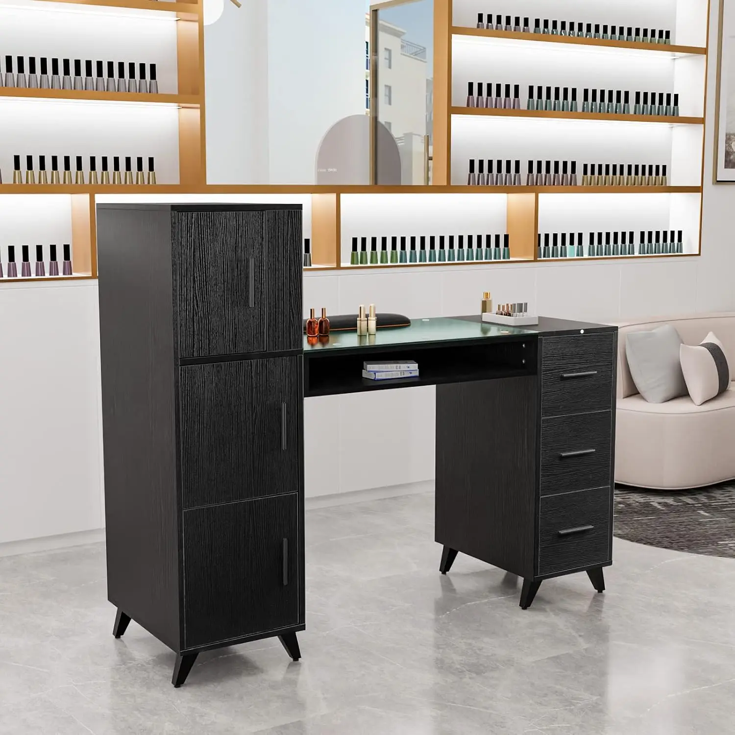 Nail Tech Manicure Workstation Acetone Resistant Glass Top Wrist Rest Beauty Salon Nail Desk 3 Side Cabinet 3 Drawers 3 Layers O