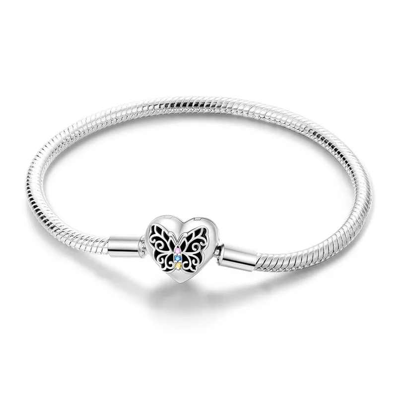 Hot 925 Sterling Silver Heart-Shaped Butterfly Snake Bone Chain Bracelet Fit Diy Charms Bead Fine Anniversary Jewelry Gift