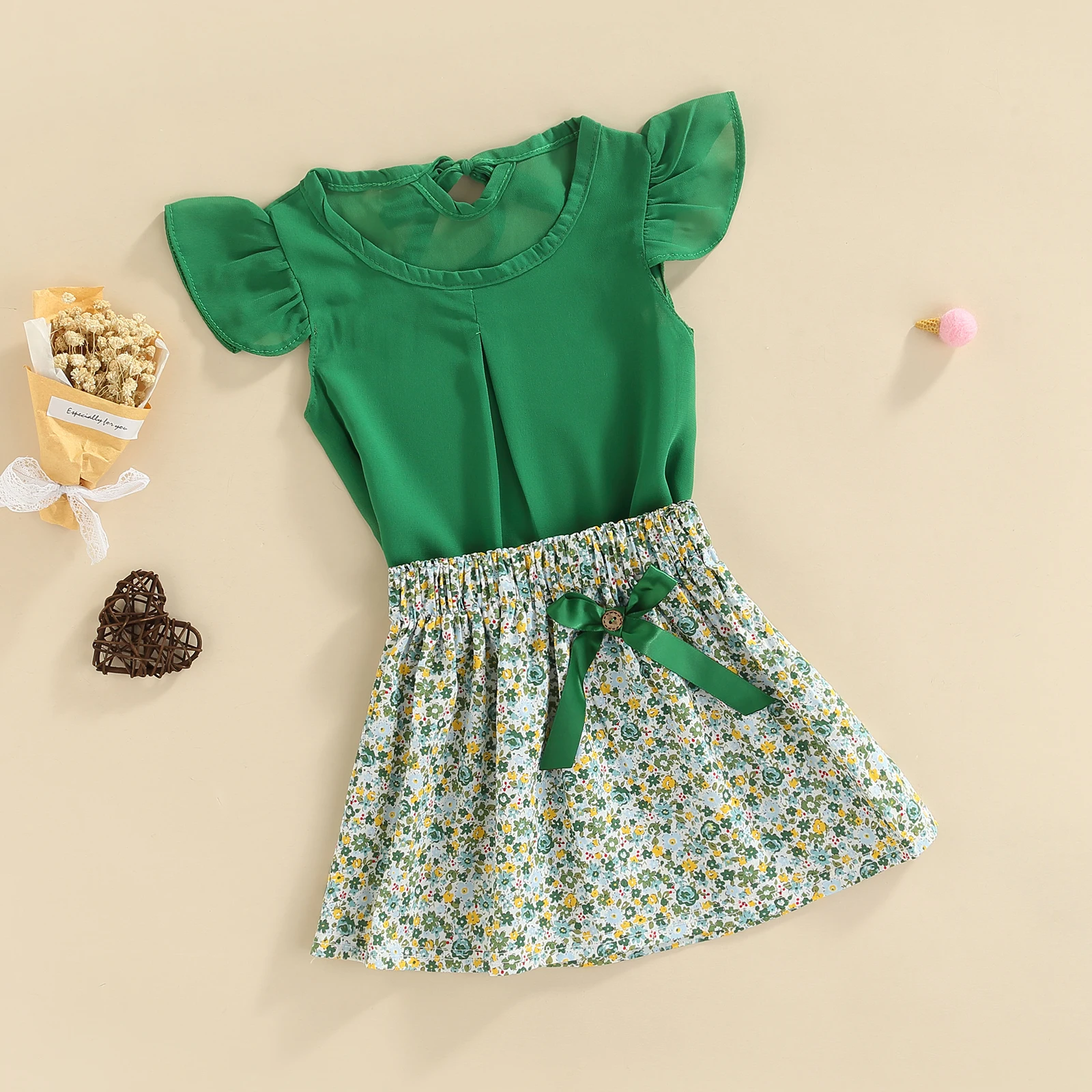 2PCS Toddler Kids Baby Girls Summer Outfits, Fly Sleeve Solid Color T-Shirt + Floral Mini Skirt Set 1-5T