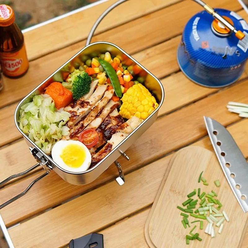 Camping Cookware Bento Box Outdoor Picnic Lunch Box 2 in 1 Cookware Pot Wood Cutting Board Camping Set Food Container Accessory