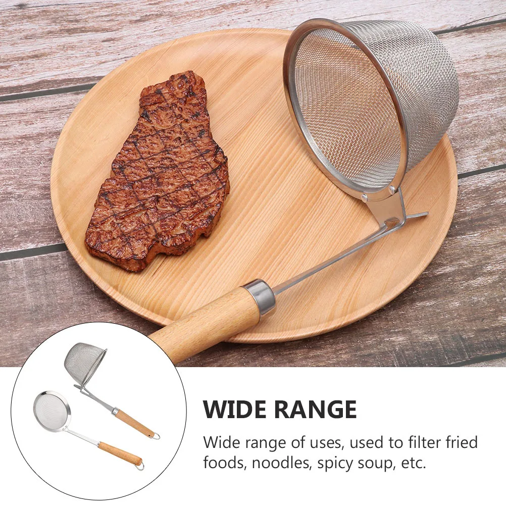 

1Set Stainless Steel Colander Spoon Strainer Basket Kitchen Tool Wooden Handle Hanging Hole Multipurpose Food Filtering