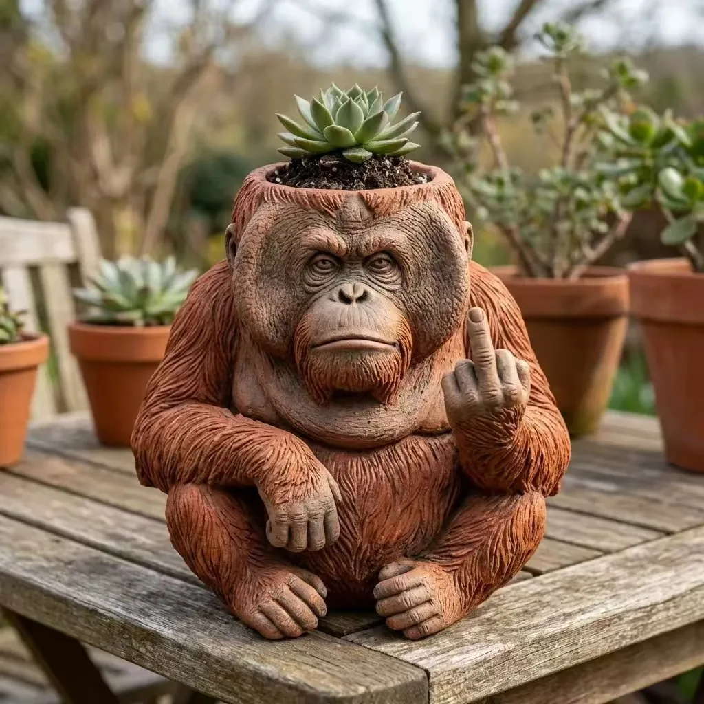 Funny Orangutan Middle Finger Planter, Resin Gorilla Shaped Succulent Pot, Novelty Garden Yard Home Decor