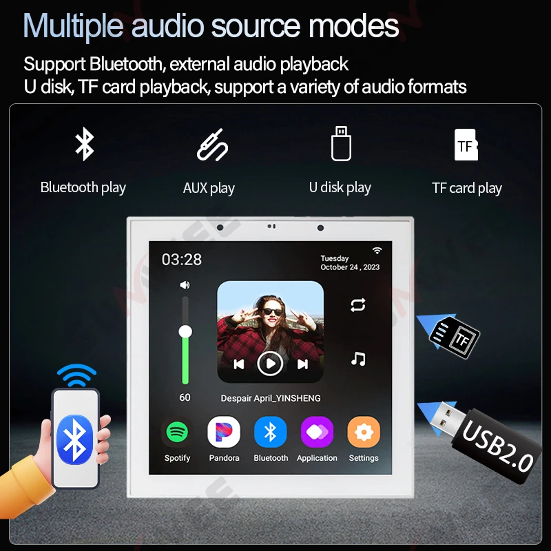 Amplificador de parede de áudio inteligente wi-fi, 4 polegadas, alexa, android11, tuya, painel de controle de música de fundo, tf, bluetooth, sistema de alto-falantes de teto