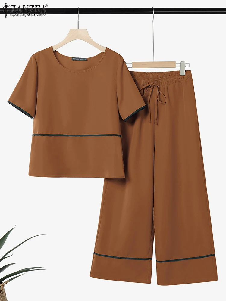 ZANZEA 복장 와이드 레그 팬츠 2pcs 정장 반팔 티셔츠 여성 우아한 캐주얼 바지 세트 Contrast-Piping 2 Piece Sets