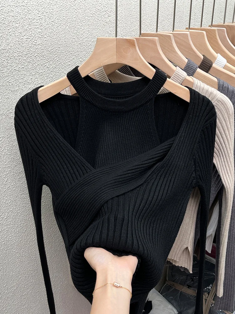 Autumn and Winter Fashion Hollow Sexy Off-shoulder Pullover Women\'s Short Top Design Stretch Sweater Knitted Bottoming Shirt