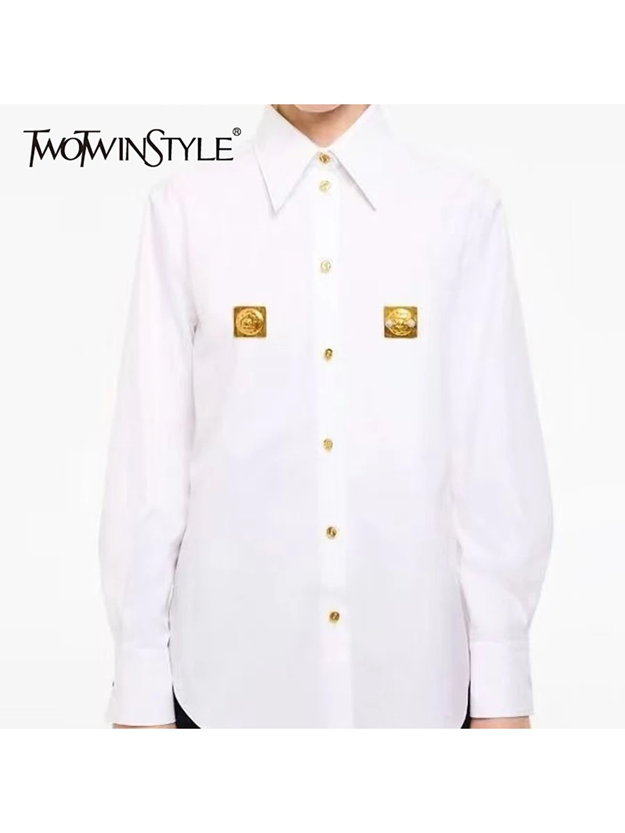 

TWOTWINSTYLE Solid Spliced Sequined Fashion Shirts for Women Lapel Long Sleeves Patchwork Single Breasted Shirt Female Clothing