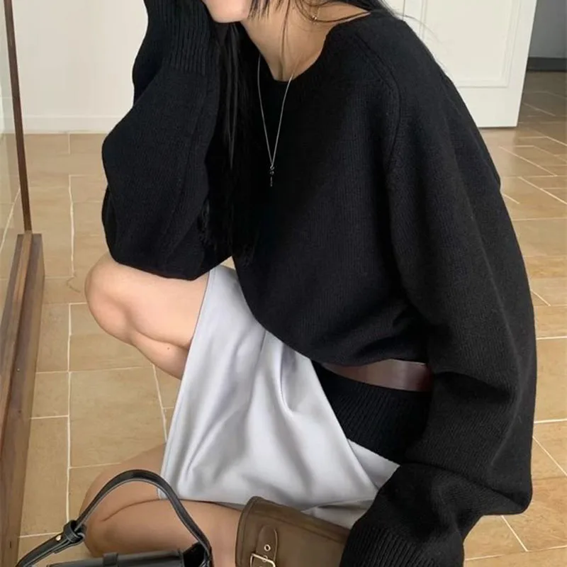 

Xpqbb Knitted Sweaters Women Sexy Backless Hollow Out O-Neck Knitwear Female Lazy Style Vintage Loose Long Sleeve Pullover New
