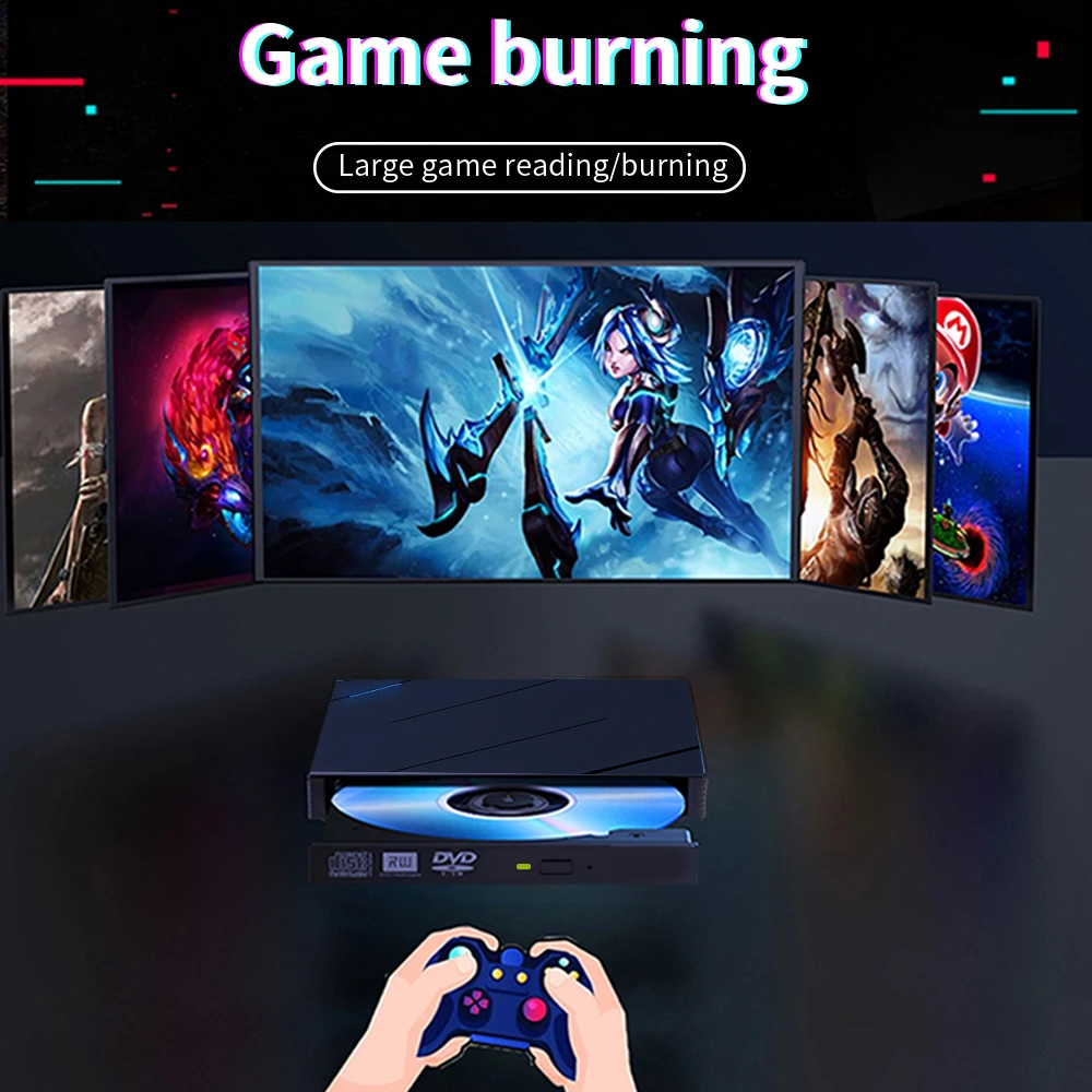 TISHRIC USB3.0 SD Type-C Multifunctional External Optical Drive CD-RW Burner Player DVD CD Slim Port Twill External Drive Burner