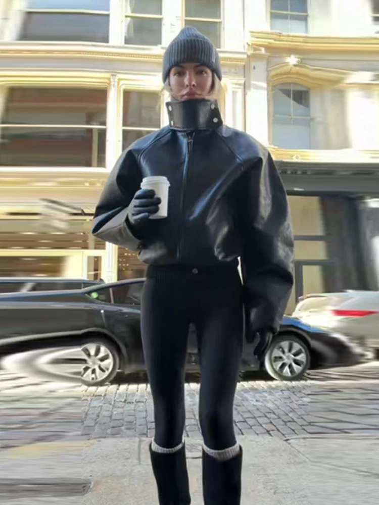 

Модные черные укороченные пальто в стиле ретро, классические крутые повседневные шикарные женские кожаные куртки большого размера, осенняя клубная женская современная уличная одежда в стиле панк