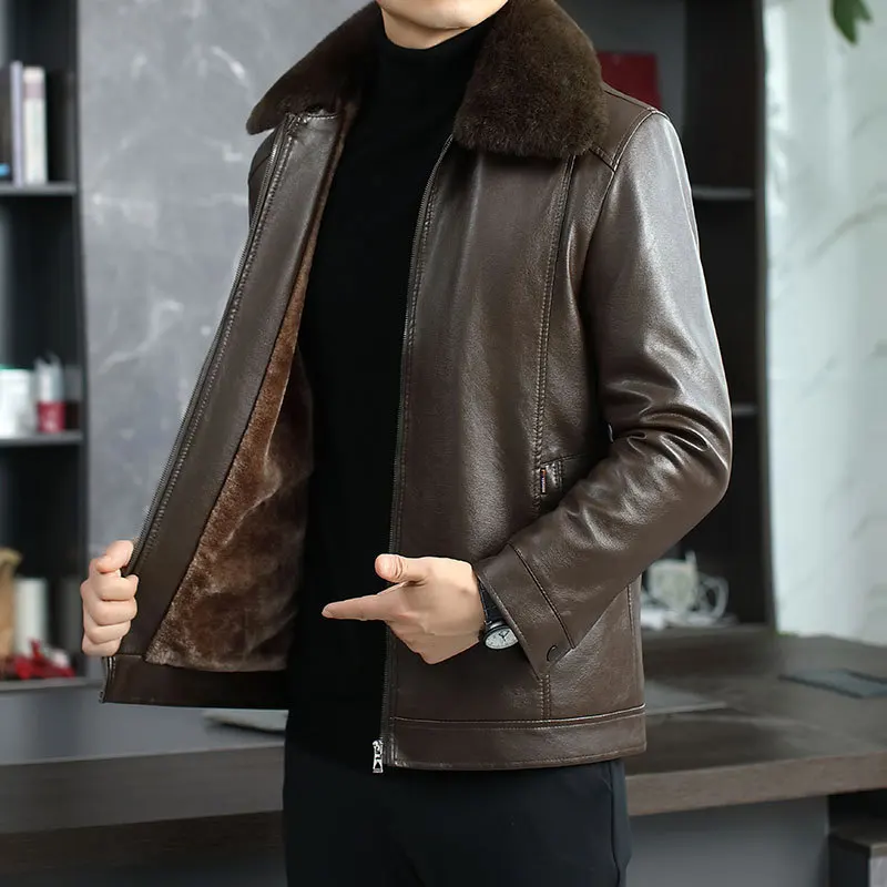 

Middle-aged and Elderly Dad's Pu Leather Jacket Fur Integrated Men's Leather Jacket Men's New Velvet Thick Men's Winter Coat
