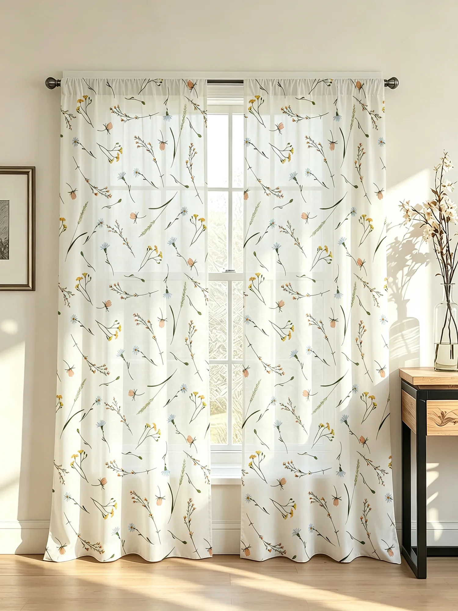 2PCS Daisy Wildflower Print Curtains, Yellow Blue Small Flower White Background Window Drapes for Bedroom Living Room Decor