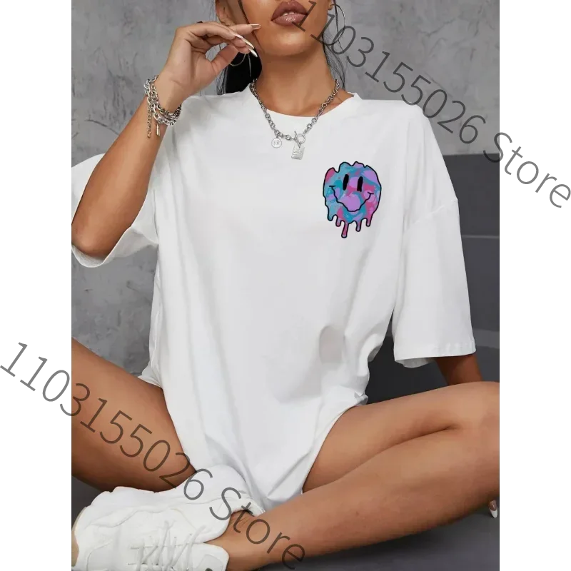 Camiseta de gran tamaño con estampado de cara sonriente para mujer, camiseta informal de calle que combina con todo, ropa suave de moda, camiseta transpirable de Hip Hop para mujer