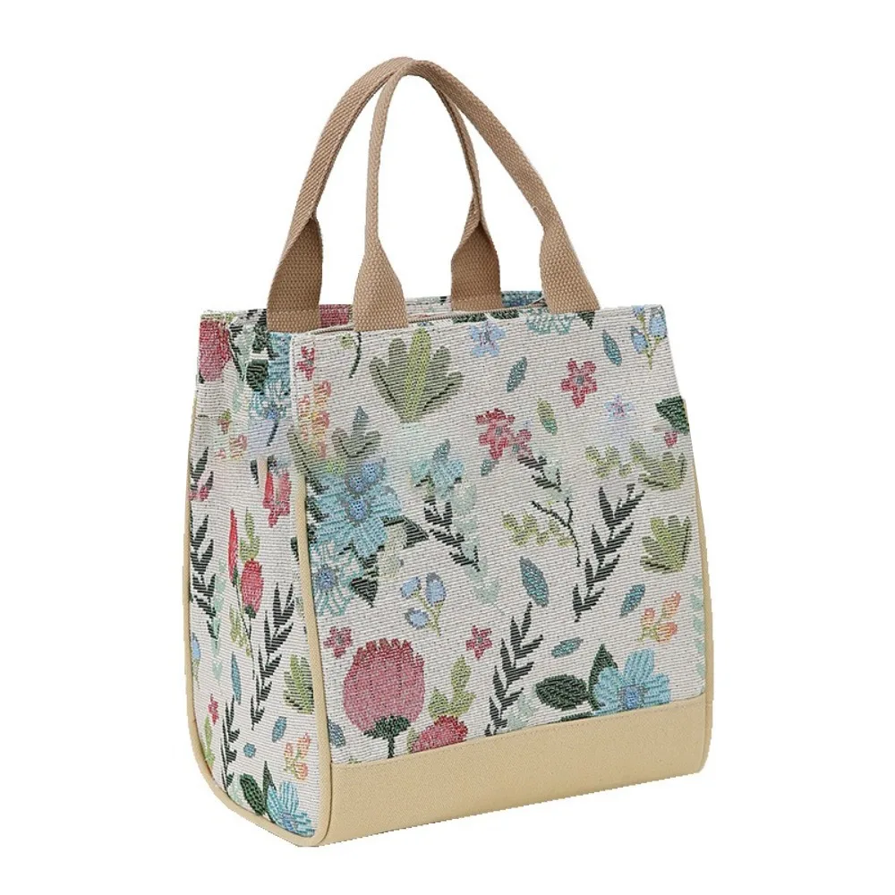 New Fashion Flower Printed Lunch Bag Portable Jacquard Canvas Bag Large Capacity Zipper Mom's Bag Women