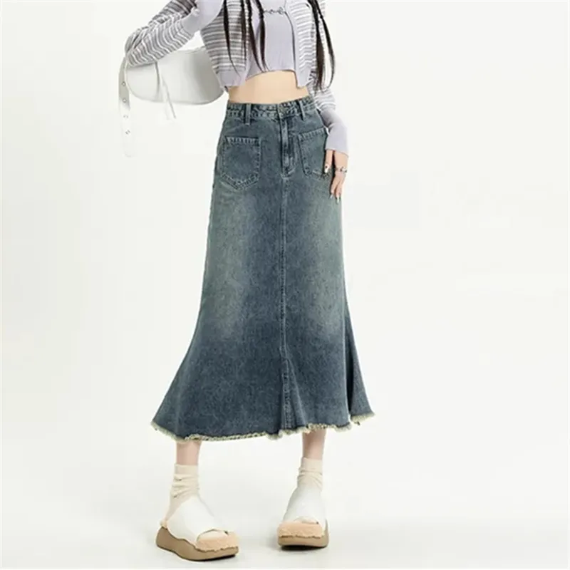 

Clothes For Women Spring Autumn 2023 Vintage Skirt Denim High Waist Korean Fashion A Line Medium Length Fishtail Skirts Faldas