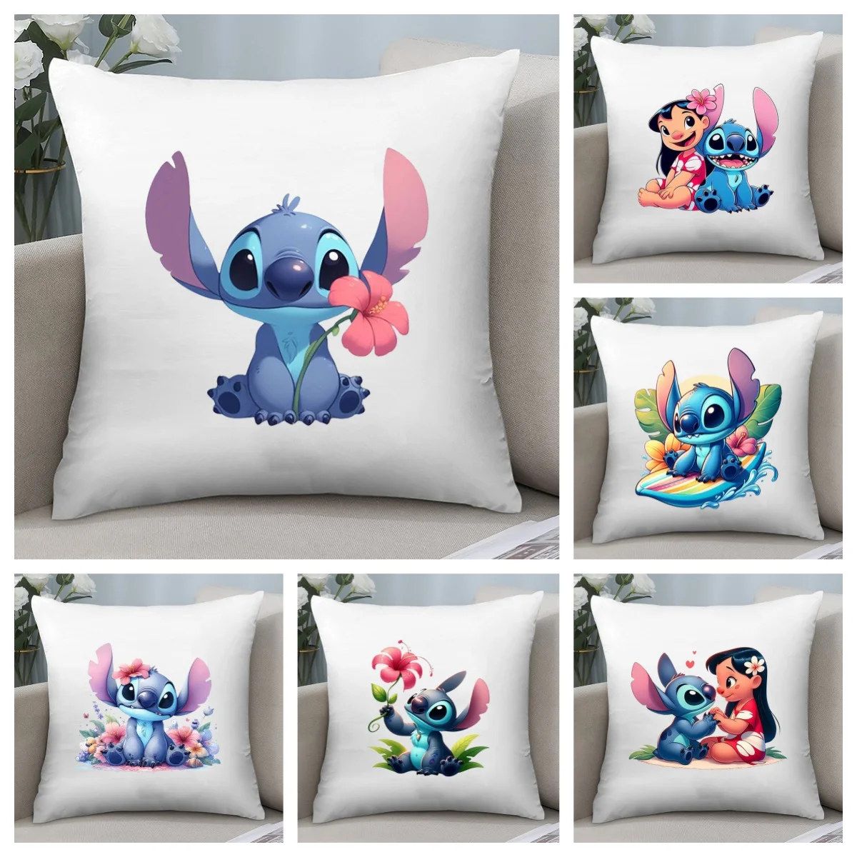 Poszewki na poduszki Disney Poszewka na poduszkę Cartoon Stitch Bed Sofa Boys Kids Girls Gift 45X45 Kawaii Lovely Home Decor Sweet Cute Anime