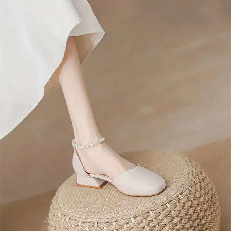 Summer 2024 Women\'s Shoes Pearl Square Heels for Office Work Medium Sandals Woman Footwear H on Offer Designer Luxury Original