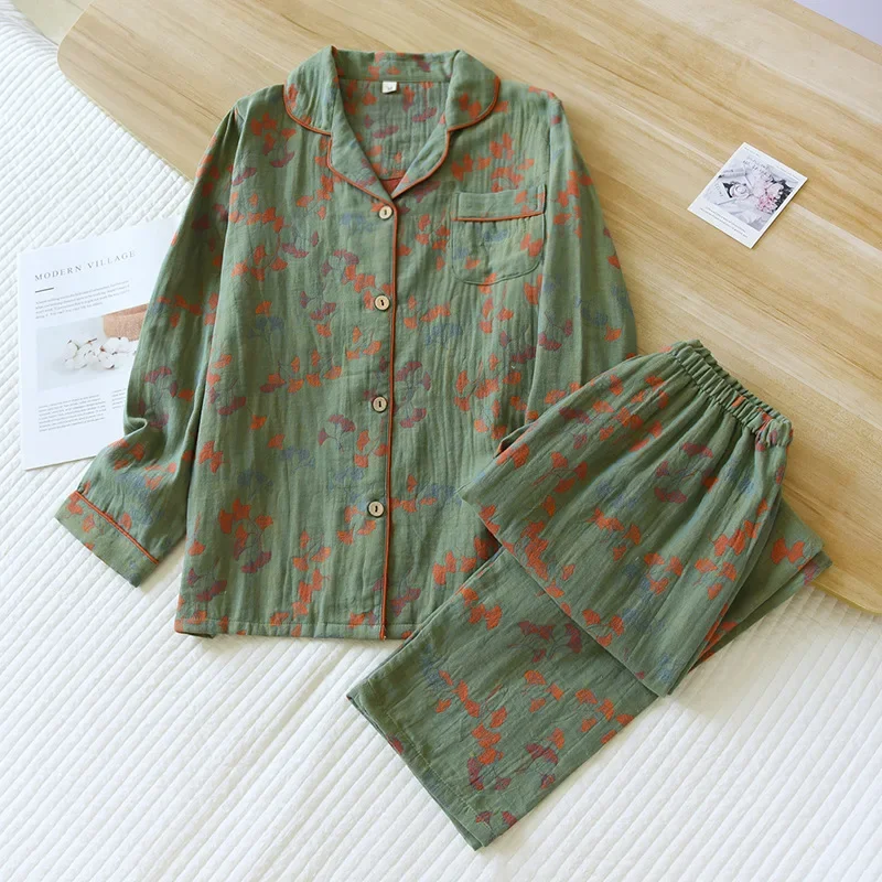 

2024 Spring and Autumn Women's Pajama Set 100% Cotton Jacquard Long Sleeve Pants Two Piece Leaf Home Furnishing Pajama Set