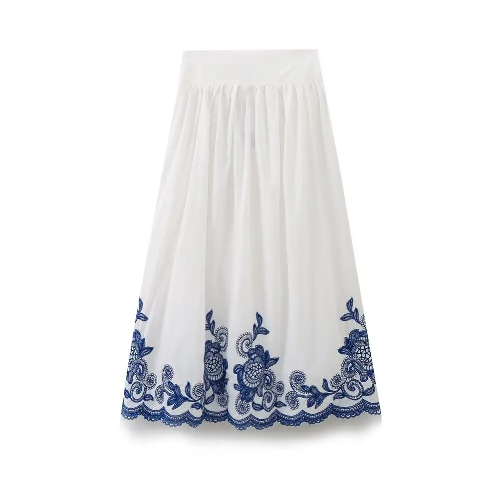 ZBZA Kemeja Kelelawar Bordir Wanita Setelan Rok Midi Atasan Kancing Sebaris Kerah V Longgar Rok A-line Pinggang Tinggi Set Chic Baru Musim Panas