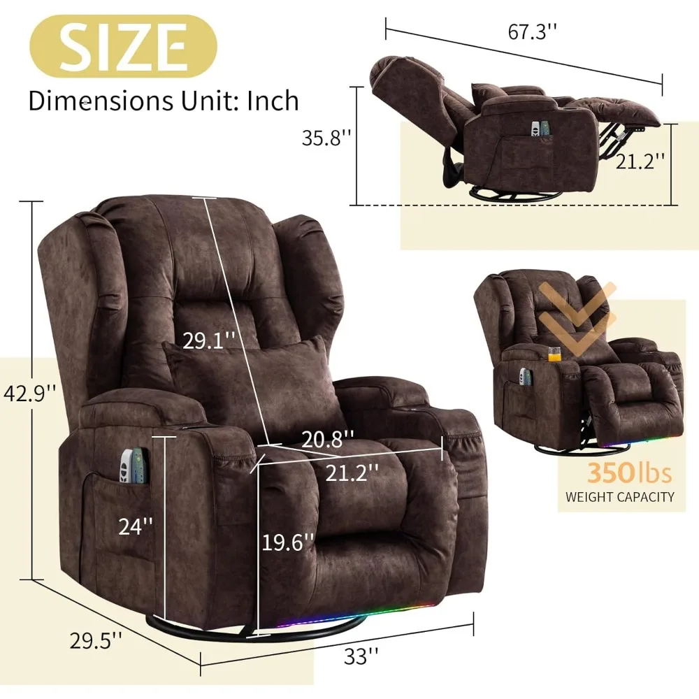 كرسي هزاز دوار كهربائي مع تدليك وحرارة، أريكة استلقاء على الحائط كهربائية للبالغين مع ضوء LED/حاملات أكواب #2