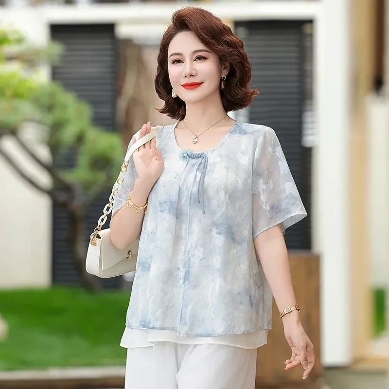 Elegant Mature Women Chinese Style Ink Print Blouse Loose Short Sleeve Chiffon Top Summer Casual Graceful Mom Wear S-4XL