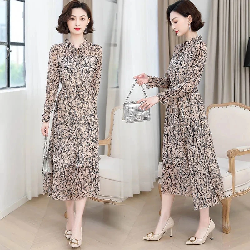 Autumn Attire Mom\'s Costume Chiffon Lotus Collar Long Printed Dress 2024 New Female Fashion Chiffon Floral Long Sleeved Dresses