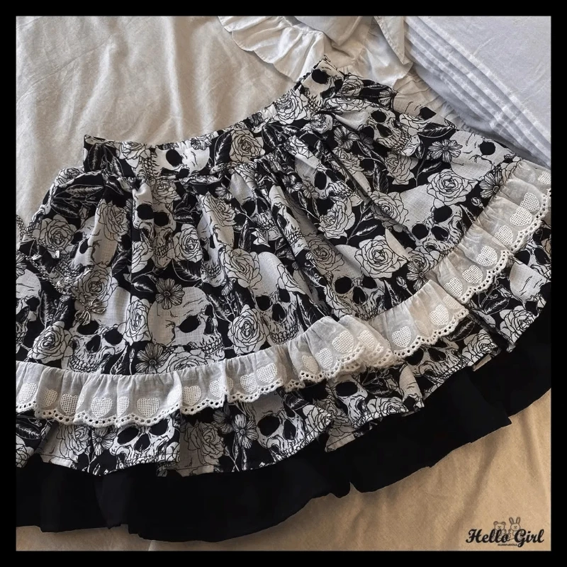 

Japanese Harajuku Mini Skirt Women Kawaii Print High Waist Lace Ruffled A Line Skirts Sweet Lolita Gothic Y2k Faldas