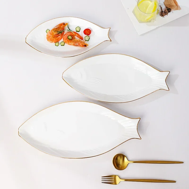 Steamed Fish Restaurant Home Kitchen Tableware Porcelain Fish Plates with Gold-rimmed Creative Fish-shaped Dinner Charger Plate