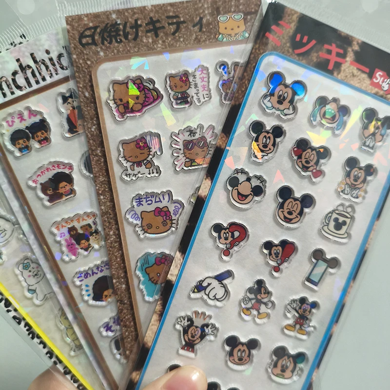 

3d Holographic Kawaii Mickey Mouse Hello Kt Stickers Embossed Acrylic Decorative Decals Tablet Diy Handcraft