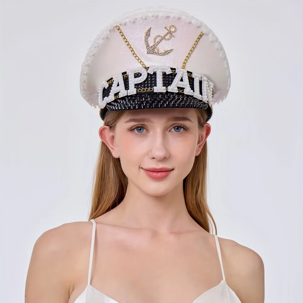 

HongLuan Glitter White Disco Music Festival Captain Hat Rhinestone for Carnival, Rave Festivals Accessories & Party Hat Woman